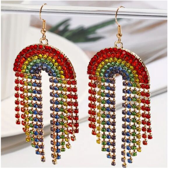 Stunning! Iced Rhinestone Dangle RAINBOW Earrings 🌈 - Picture 5 of 6